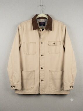 Men's Beige Workwear Jacket with Brown Corduroy Collar